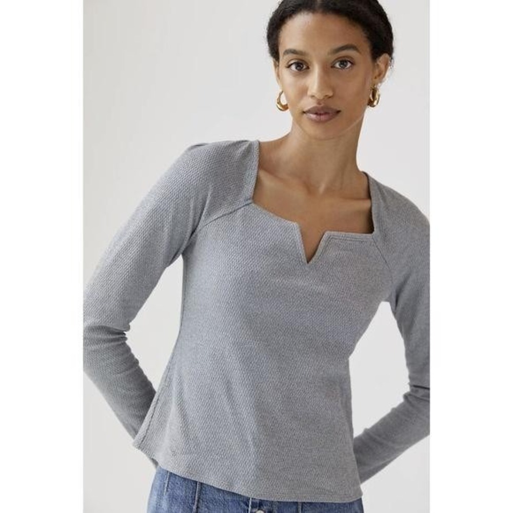 Anthro Pilcro Shirt Womens XS Gray Square Neck Tie Back Long Sleeve Waffle Top